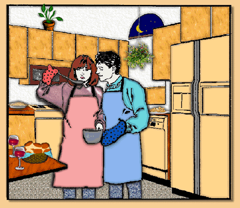 a couple cooking together in the kitchen